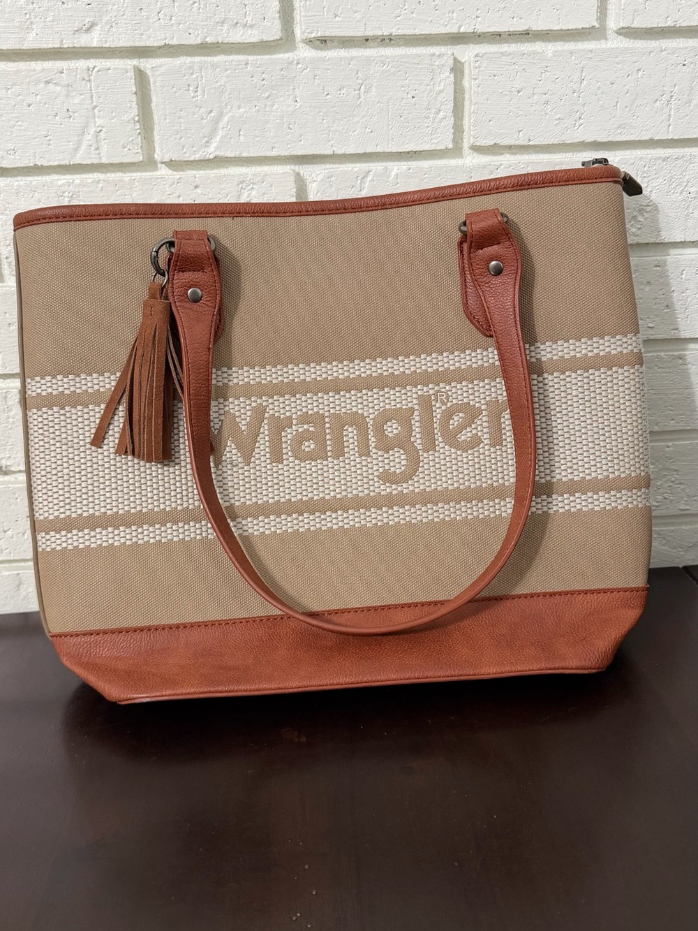 Wrangler Logo Waxed Canvas Tote Bag Khaki Brown Zip Top Shoulder Purse
